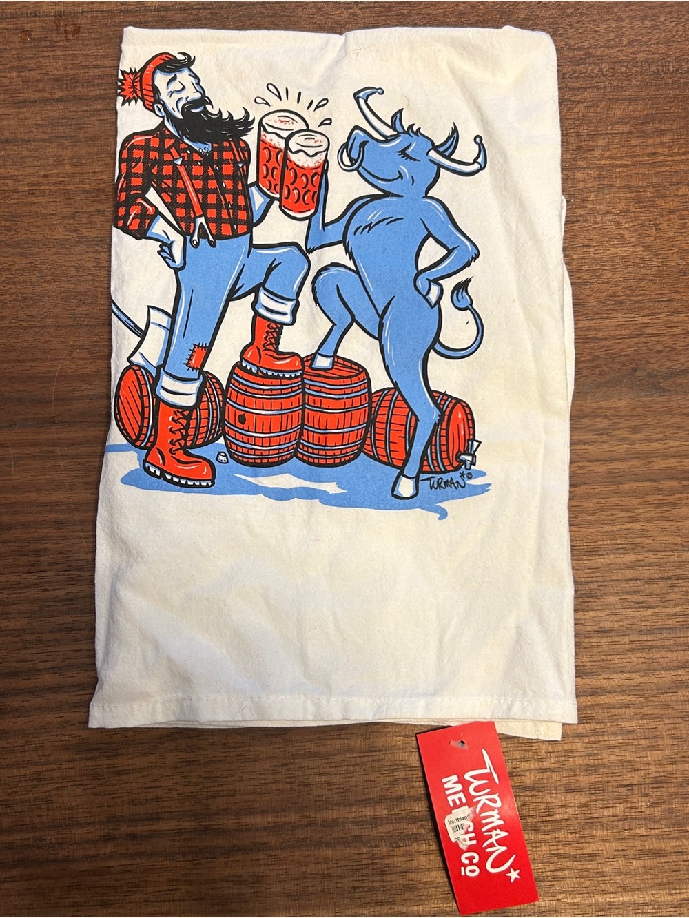 Paul Bunyan & Babe The Blue Ox Cheers Tea Towel Adam Turman Bemidji, MN 27" New